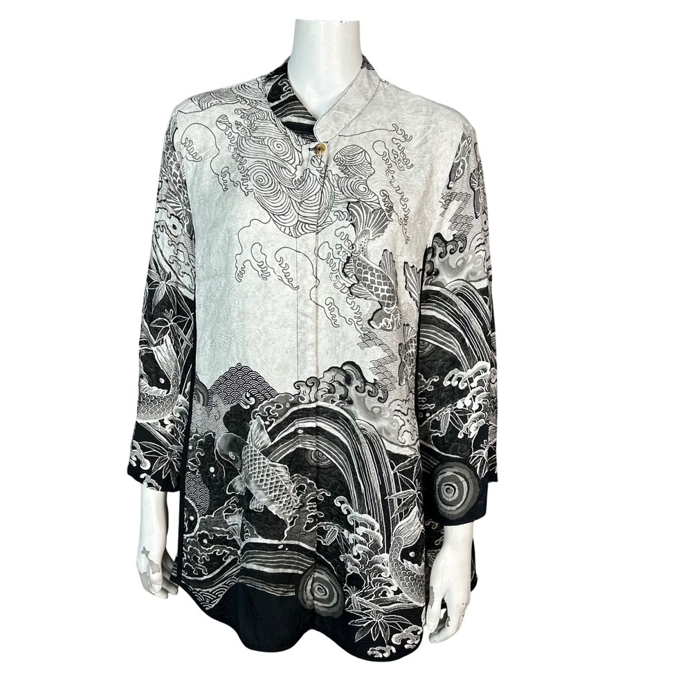 Citron Santa Monica Top Shirt Women's XL Koi Fish Tummy Tuck Monochromatic